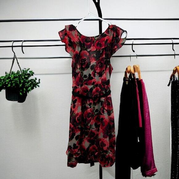 Elle Womes small Red Floral Ruffle Midi Sleeveless Dress Summer lightweight - Picture 1 of 6